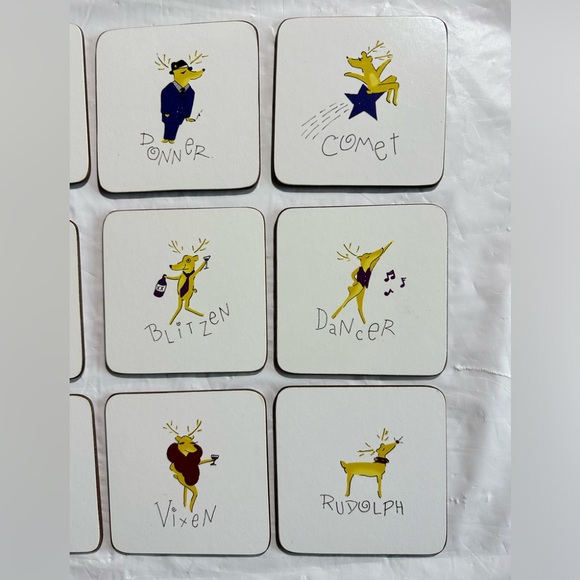 Pottery Barn Set of 9 Santa Reindeer Cork Backed Coasters - Picture 3 of 7